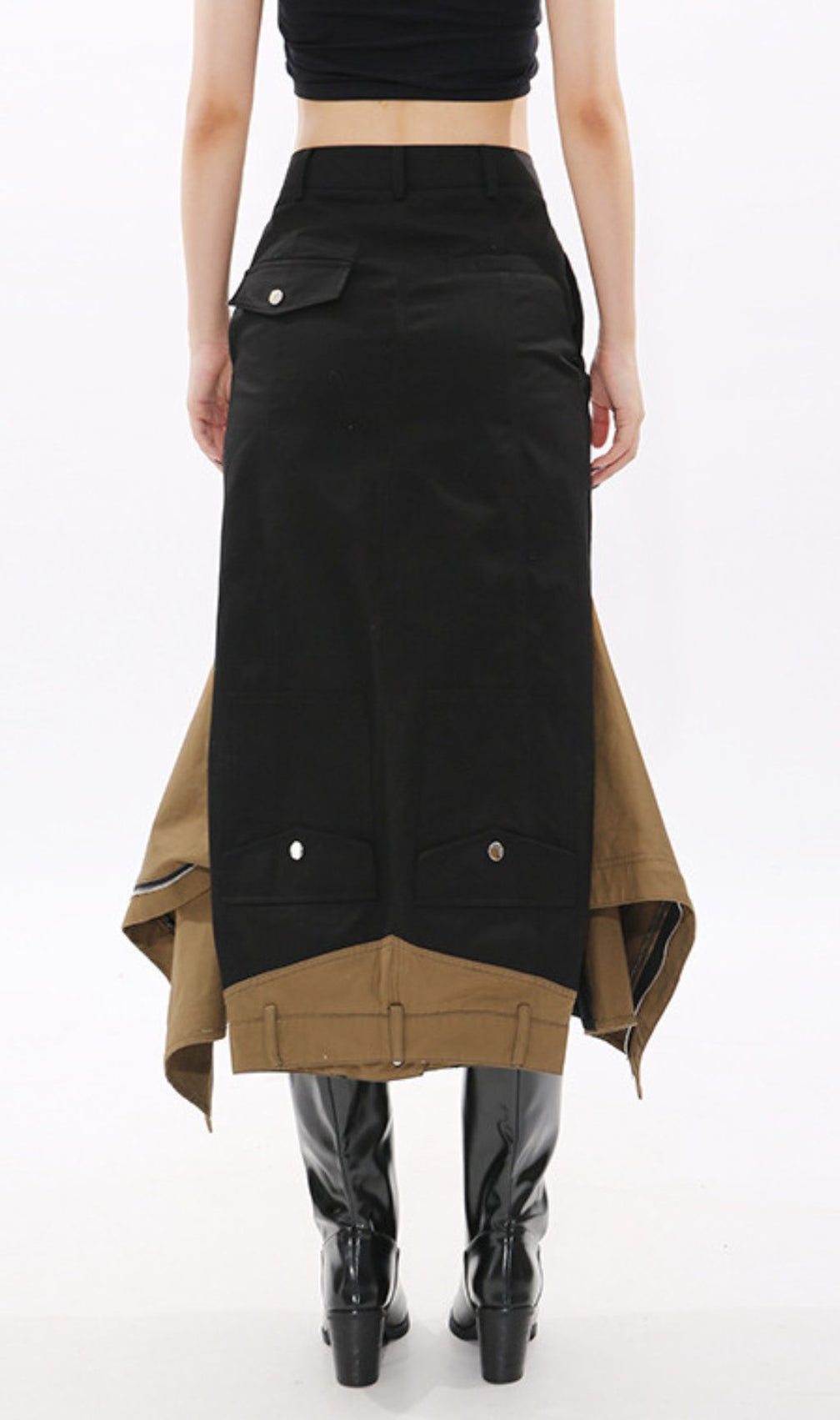 Idonia Two-Tone Zipper-Front Midi Skirt - Modern Black Chic