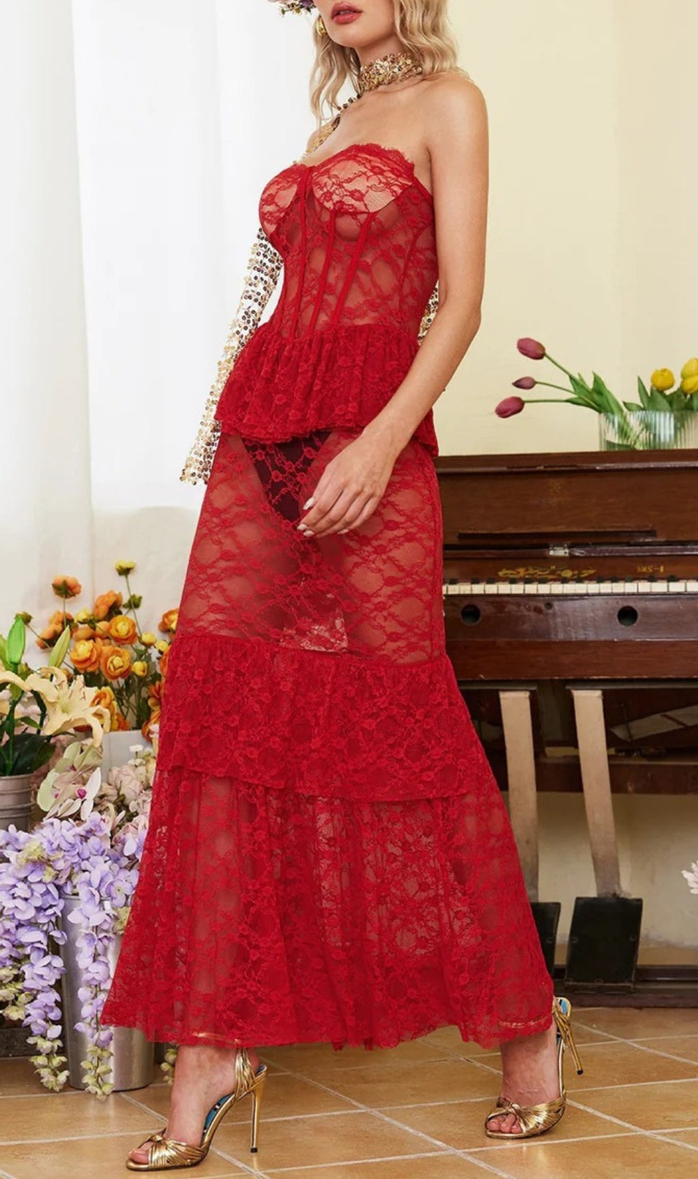 Addilyn Red Strapless Lace Mermaid Dress