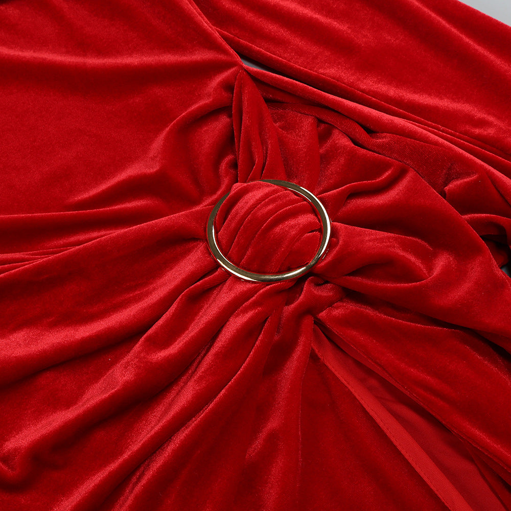 Jahanna Regal Red Velvet Off-Shoulder Maxi Dress with High Slit & Ruched Detail