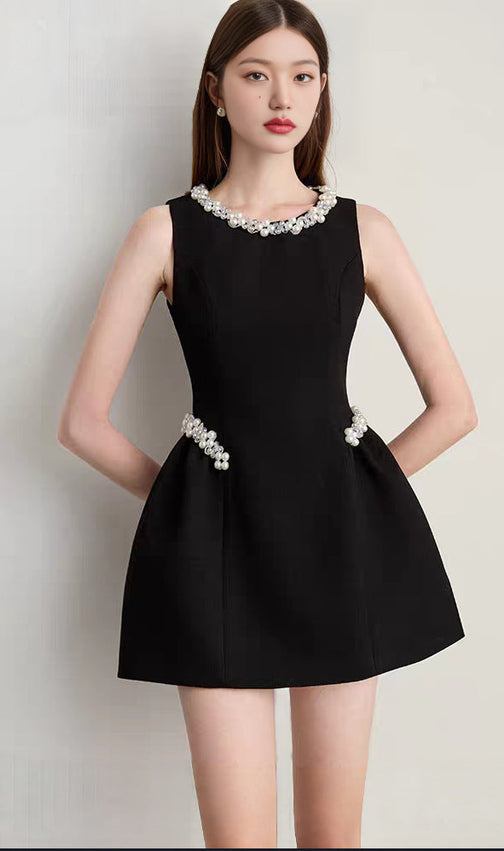Chic Pearl & Crystal Embellished Black Mini Dress - Sleeveless Party & Cocktail