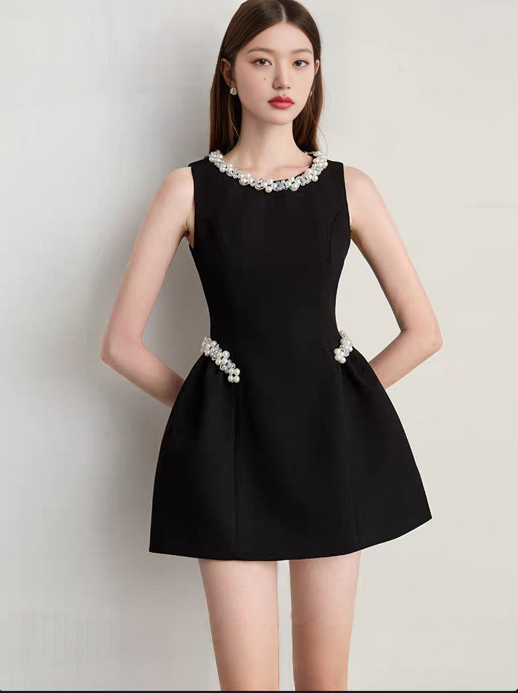 Chic Pearl & Crystal Embellished Black Mini Dress - Sleeveless Party & Cocktail