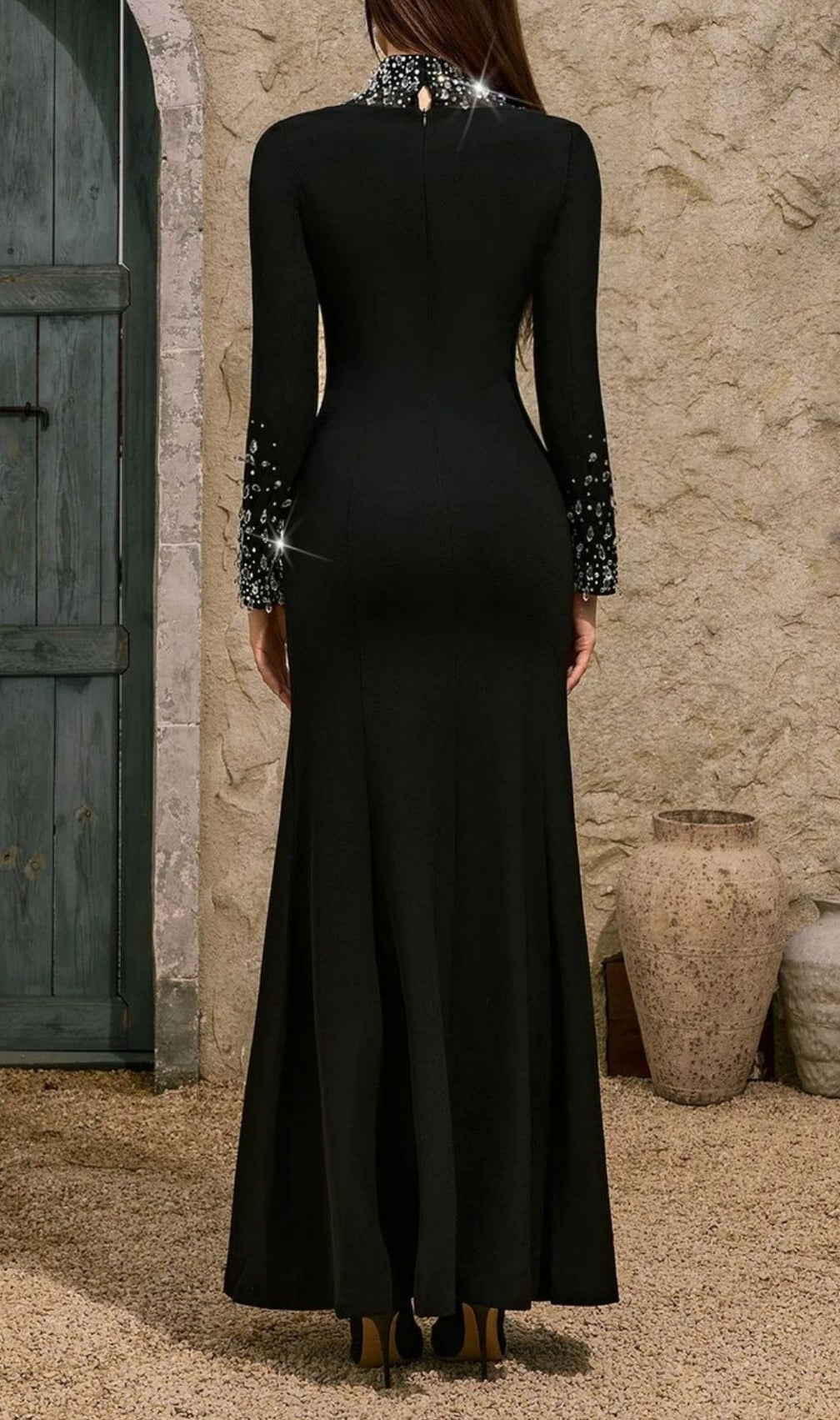 Dhyana Black Long Sleeve Embellished Maxi Gown - Glamorous Formal Evening Dress