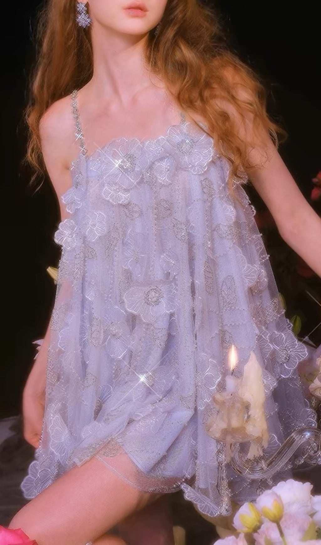 Briana Blue Sequin Flower Embellished Mini Dress