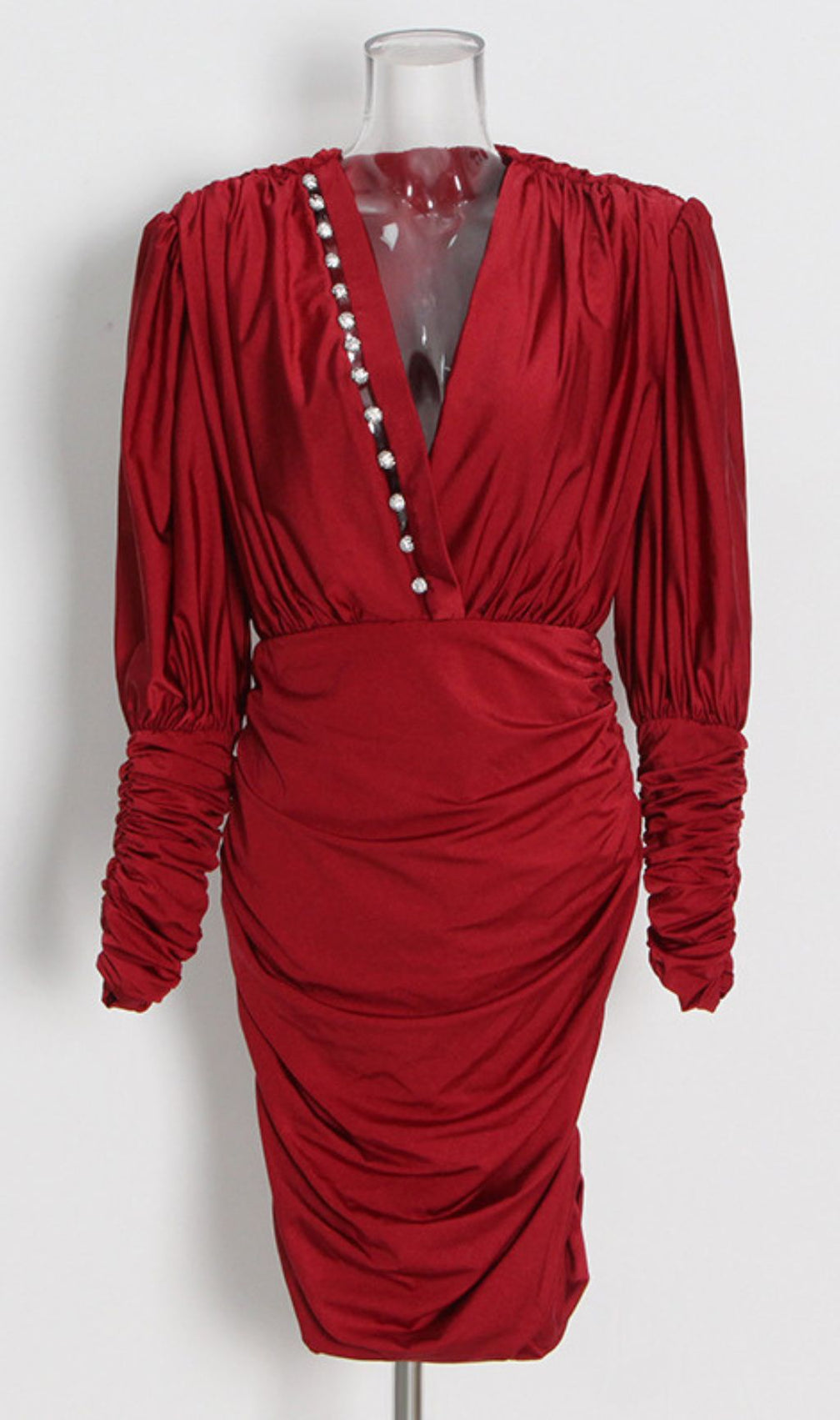 Isaline Elegant Red Ruched Mini Dress | Long Sleeve Party & Date Night