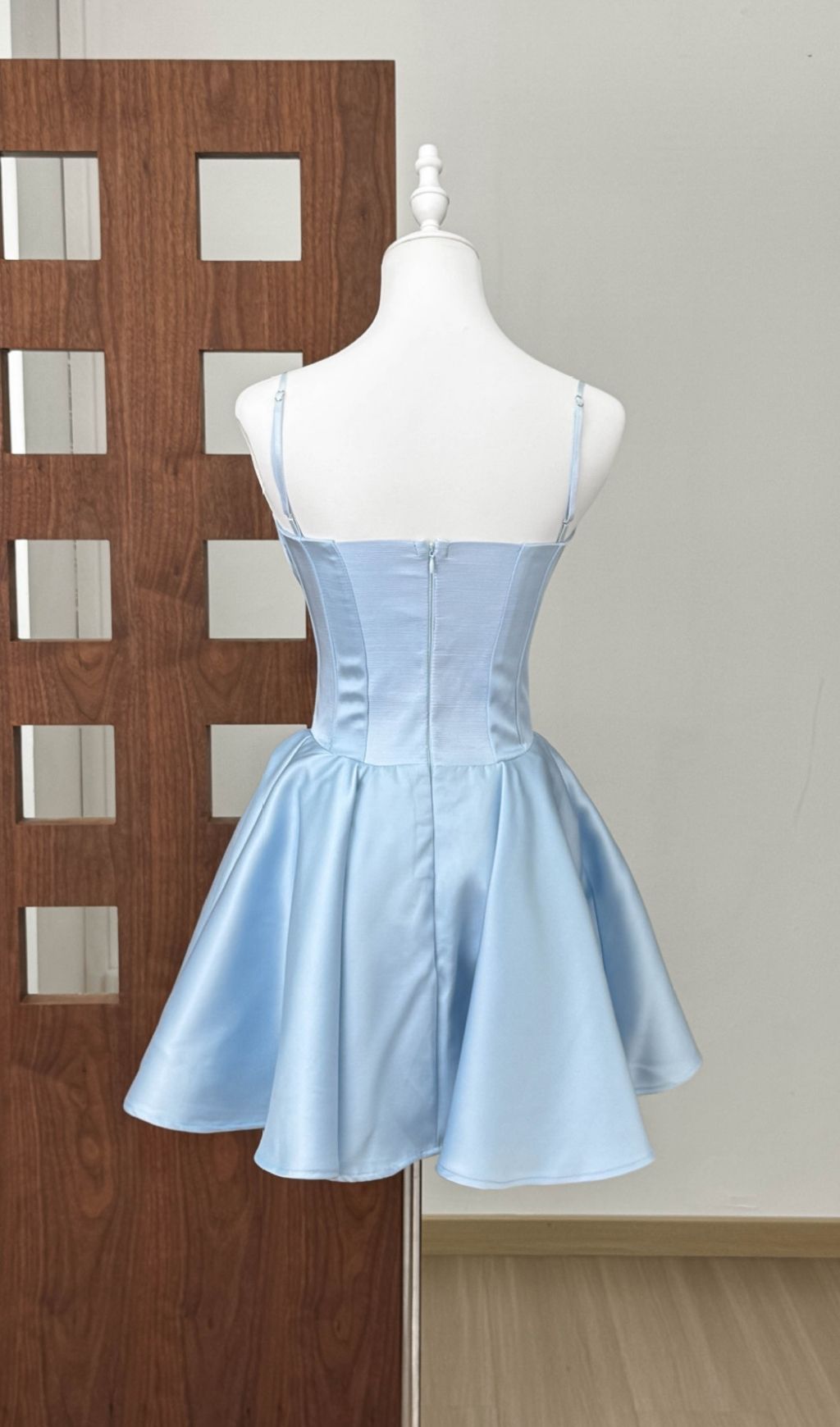 Kelsy Ethereal Blue Satin Corset Mini Dress with Lace Trim