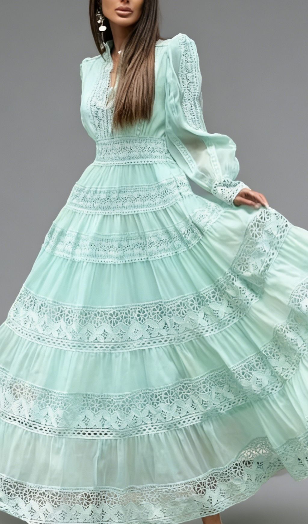 Kamara Ethereal Mint Green Lace Maxi Dress - Long Sleeve Tiered Gown