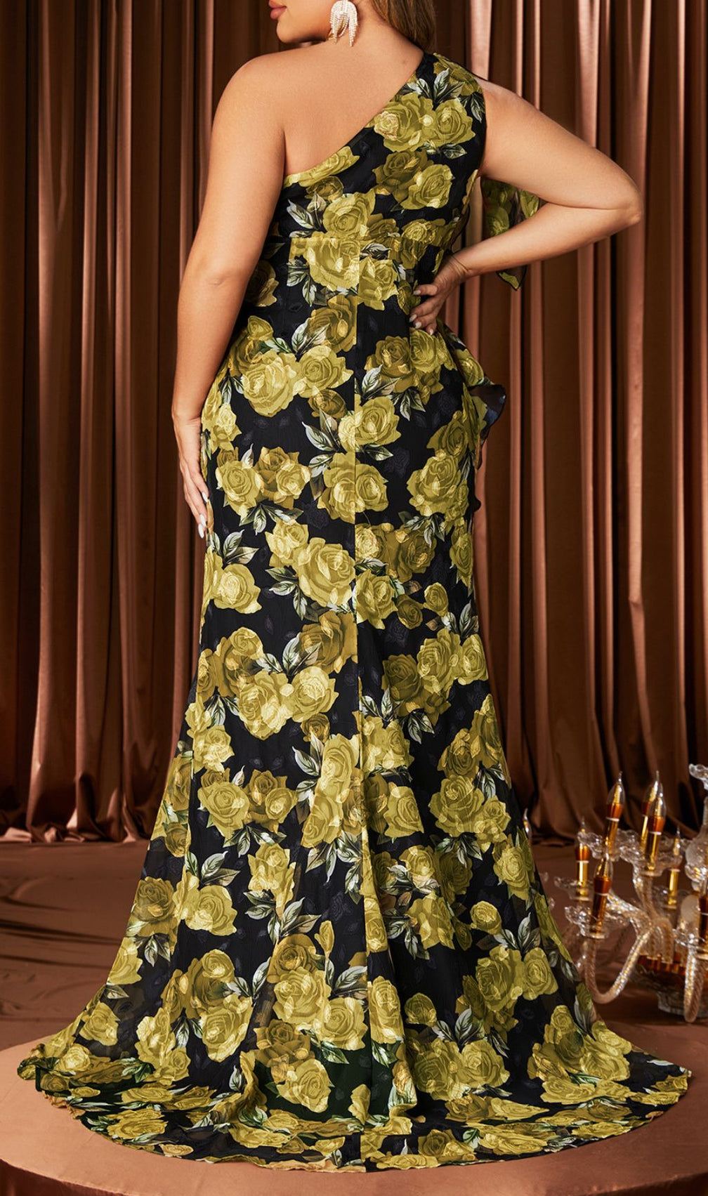 Heizle Chic Plus Size One-Shoulder Golden Rose Maxi Dress