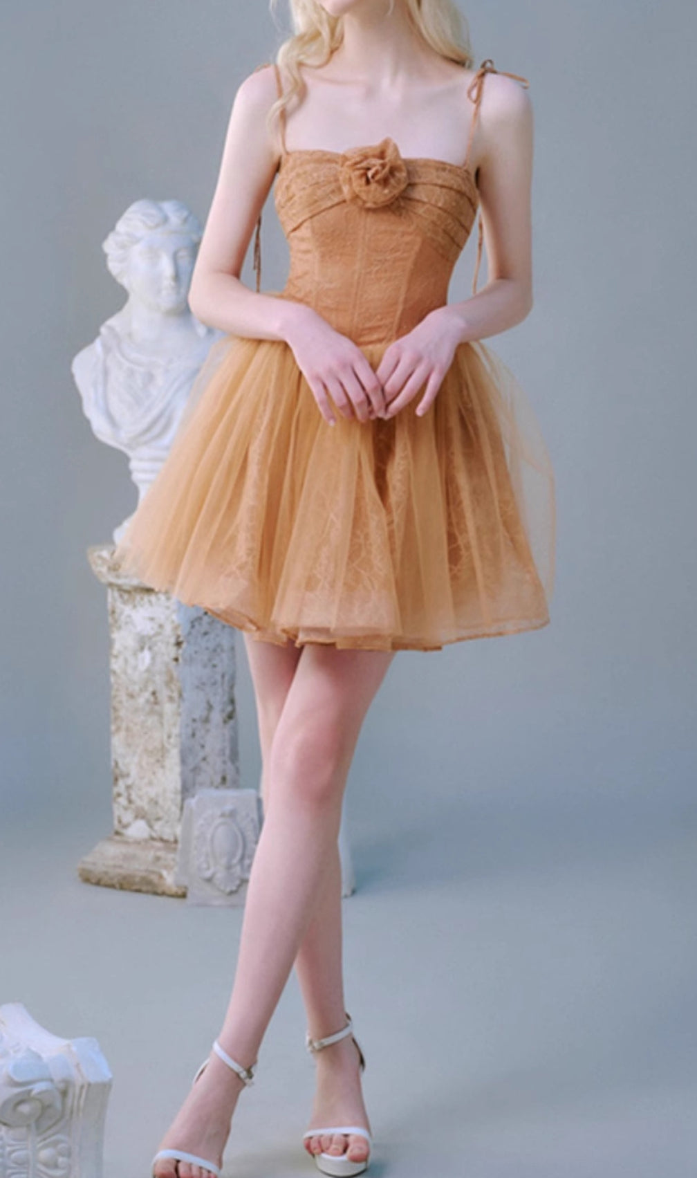 Caliste Caramel Flower Mesh Mini Dress