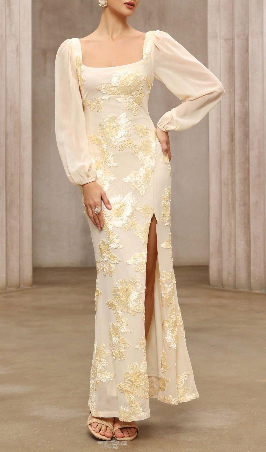 Kadence Yellow Long Sleeve Flower Maxi Dress