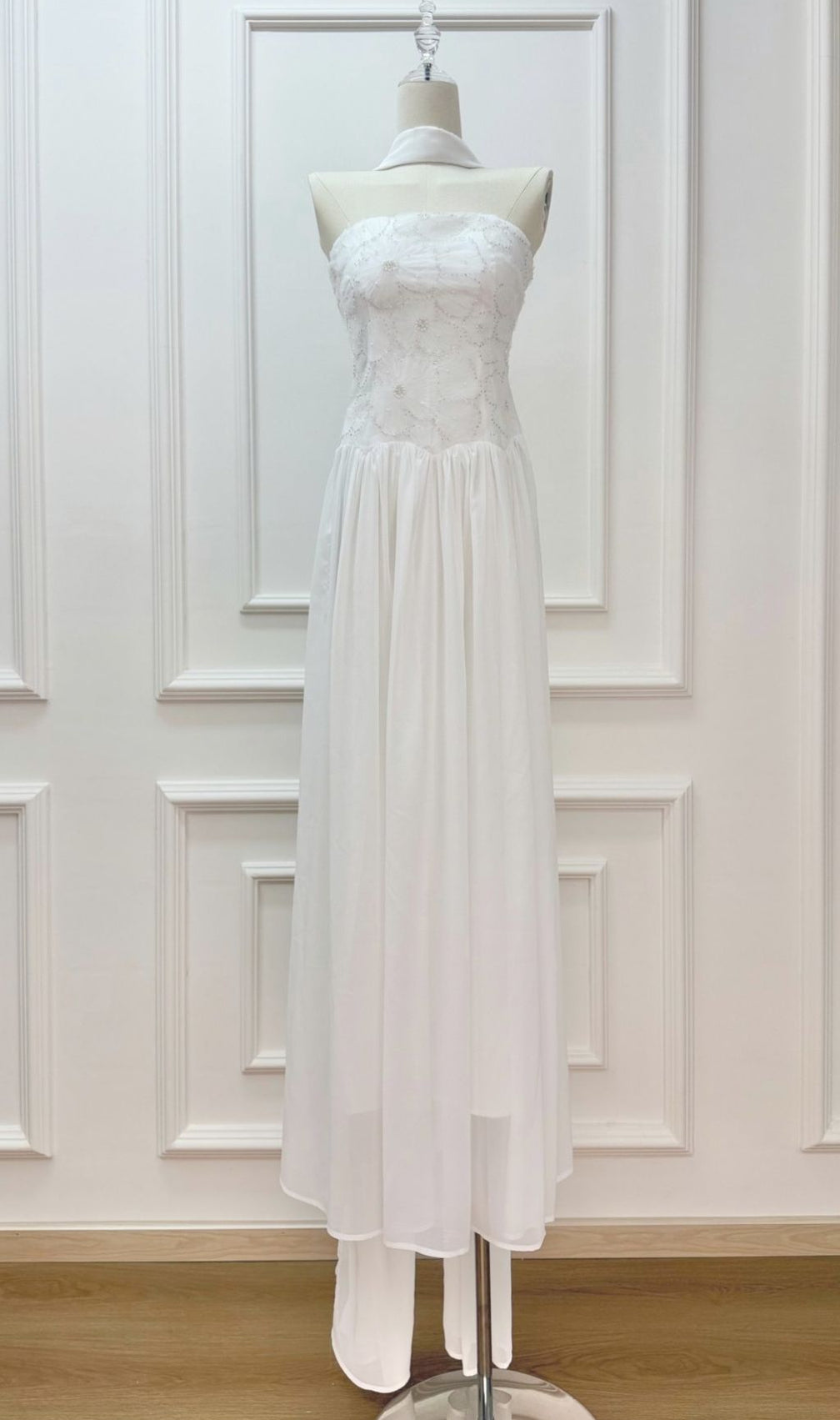 Kenley Ethereal White Floral Appliqué Strapless Maxi Gown with Flowing Cape