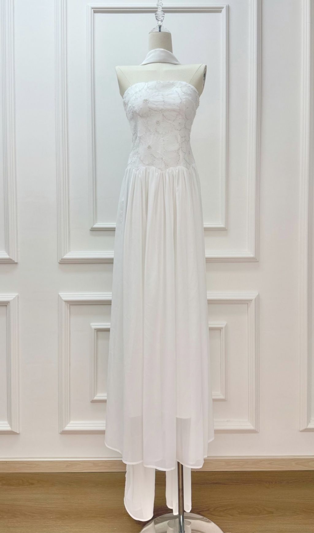 Kenley Ethereal White Floral Appliqué Strapless Maxi Gown with Flowing Cape