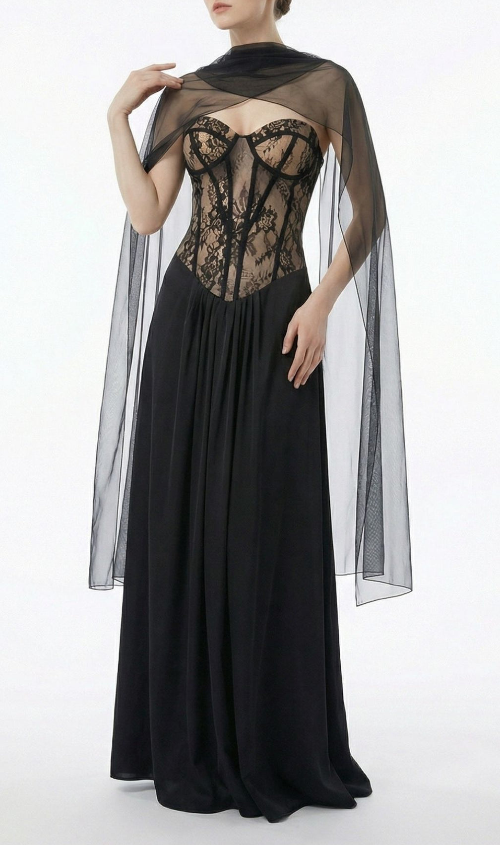 Kalei Black Lace Corset Maxi Dress with Sheer Cape Overlay | Elegant Evening Gown