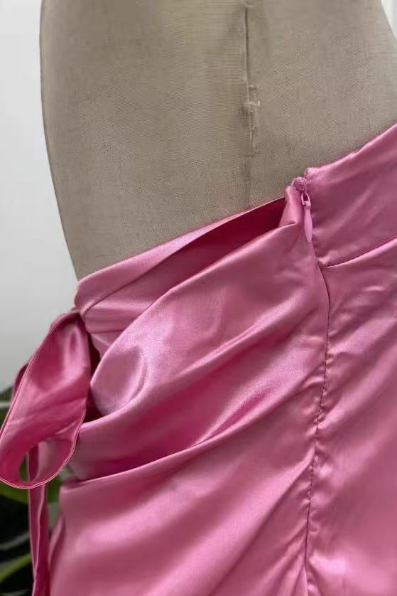 Pink Satin Halter Ruched Midi Dress with Back Bow