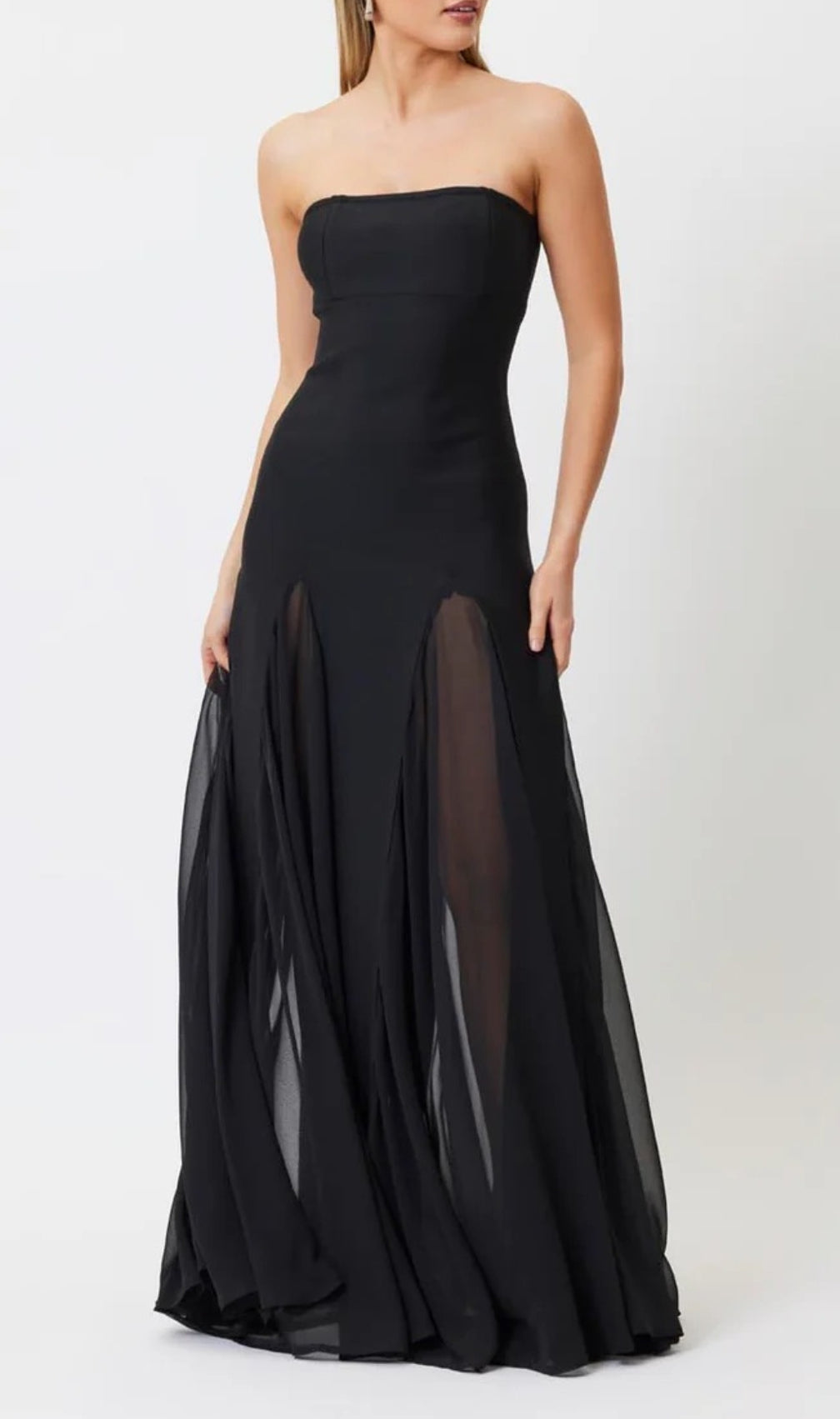 Strapless Mesh Insert A Line Maxi Dress Black