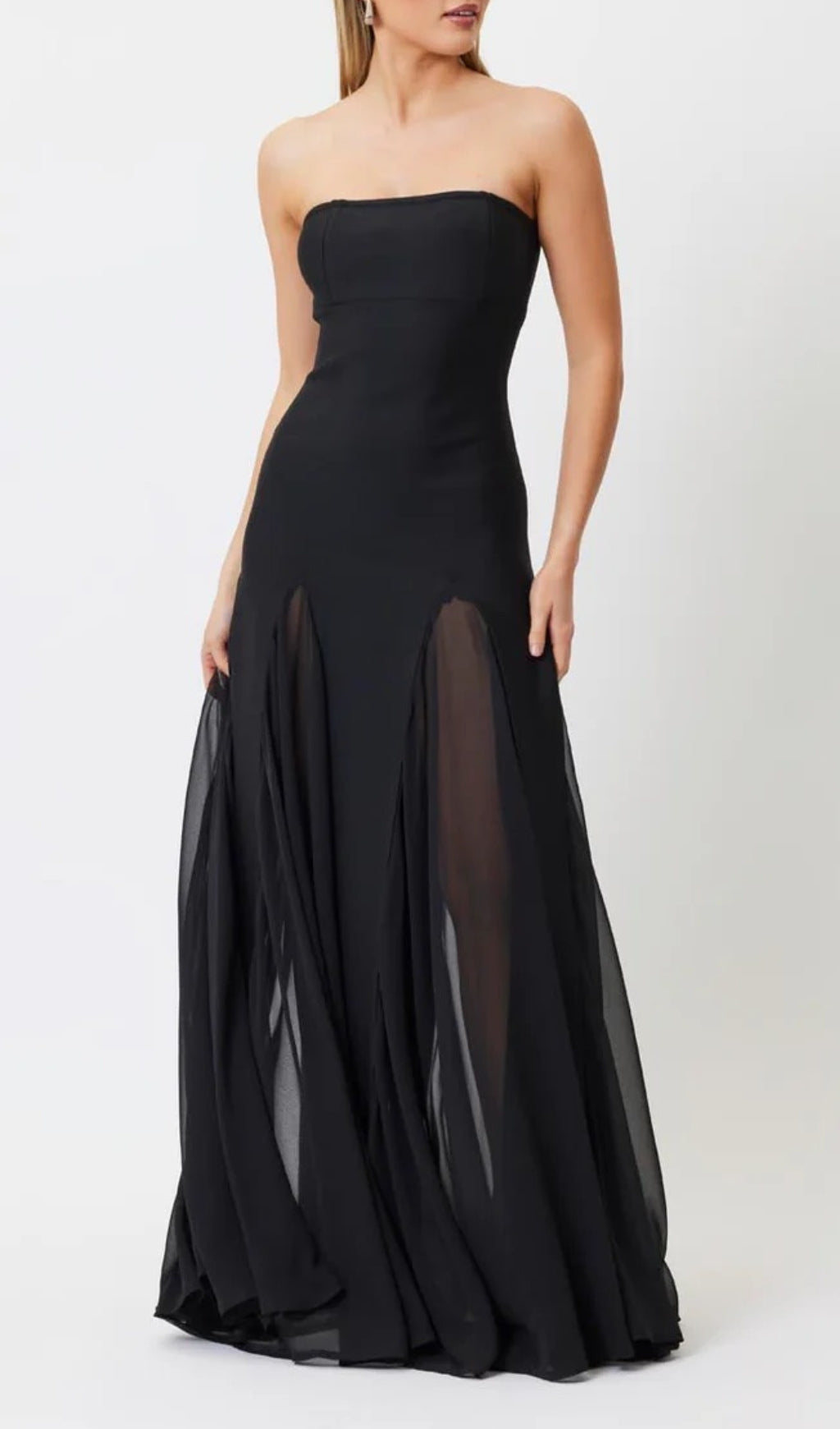 Strapless Mesh Insert A Line Maxi Dress Black