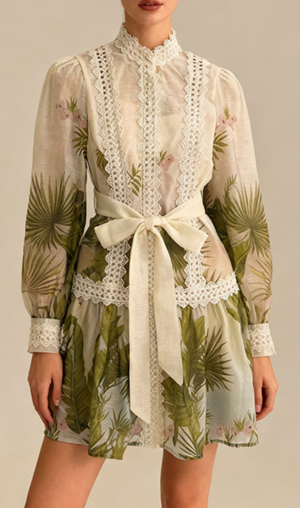 Justina Tropical Charm Mini Dress: Chic Lace & Long Sleeve Style