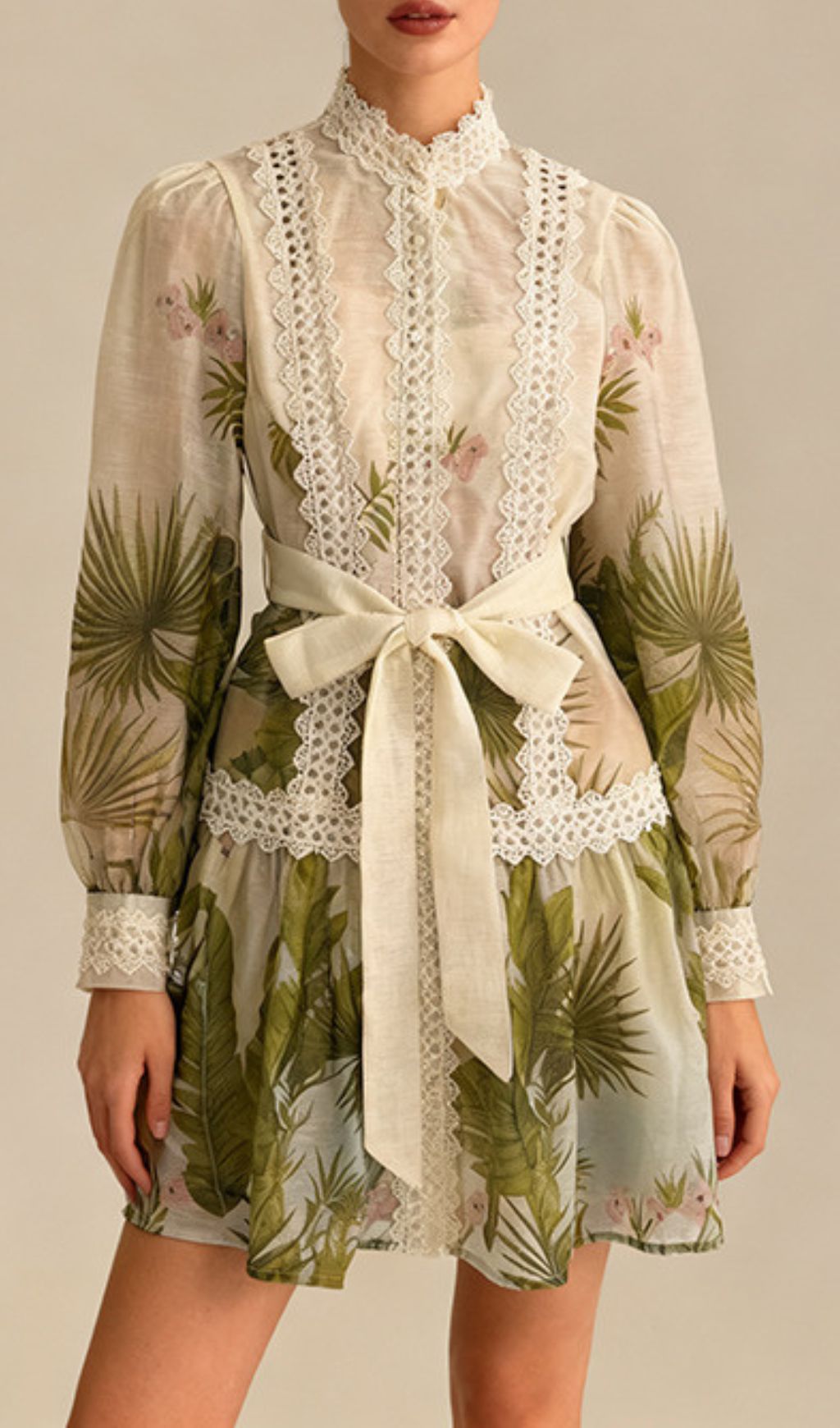 Justina Tropical Charm Mini Dress: Chic Lace & Long Sleeve Style