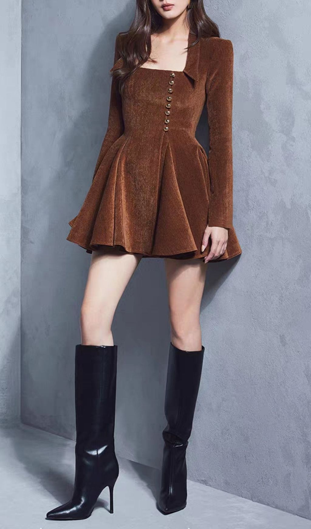 Kellie Luxe Brown Velvet Mini Dress - Elegant Long Sleeve Party & Date Night Style