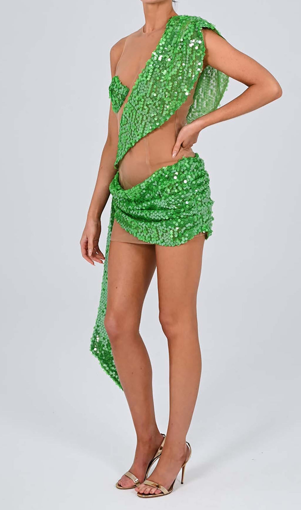Sequin Drape Mesh Mini Dress In Emerald
