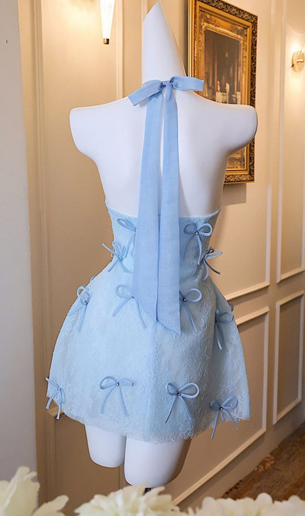 Kanon Chic Blue Halter Mini Dress with Whimsical Bows