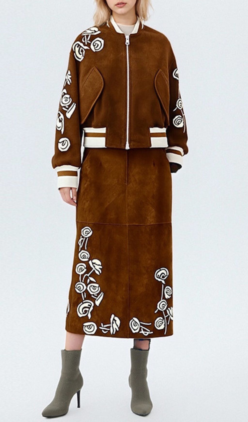 Huda Chic Brown Embroidered Faux Suede Bomber Jacket & Midi Skirt Set
