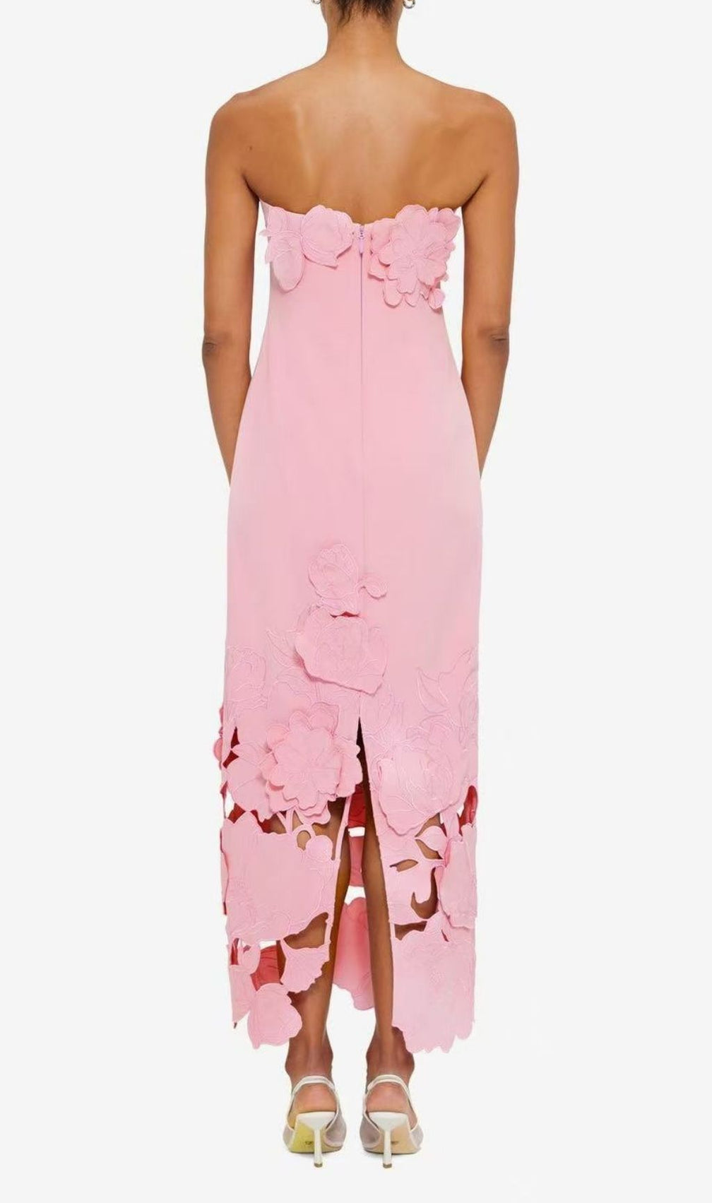 Rayna Strapless Bustier Maxi Dress | 3D Floral & Laser-Cut Appliqué | Blush Pink Gown