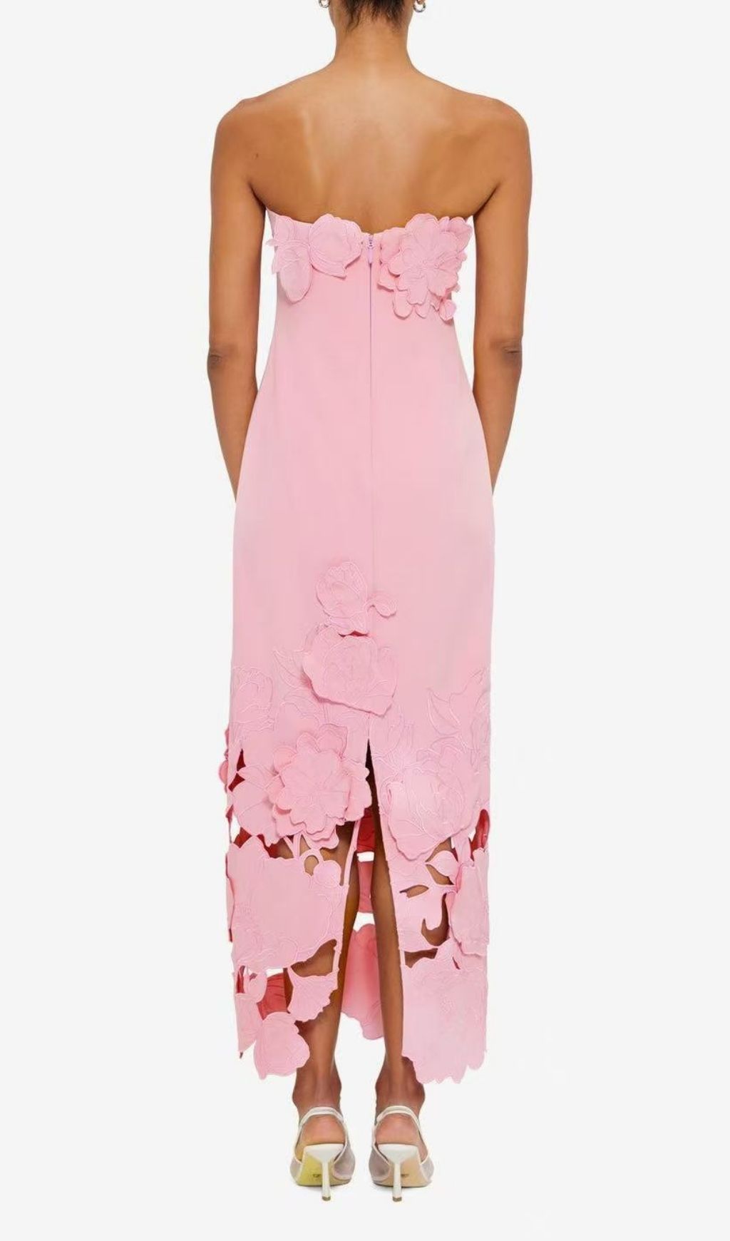 Rayna Strapless Bustier Maxi Dress | 3D Floral & Laser-Cut Appliqué | Blush Pink Gown