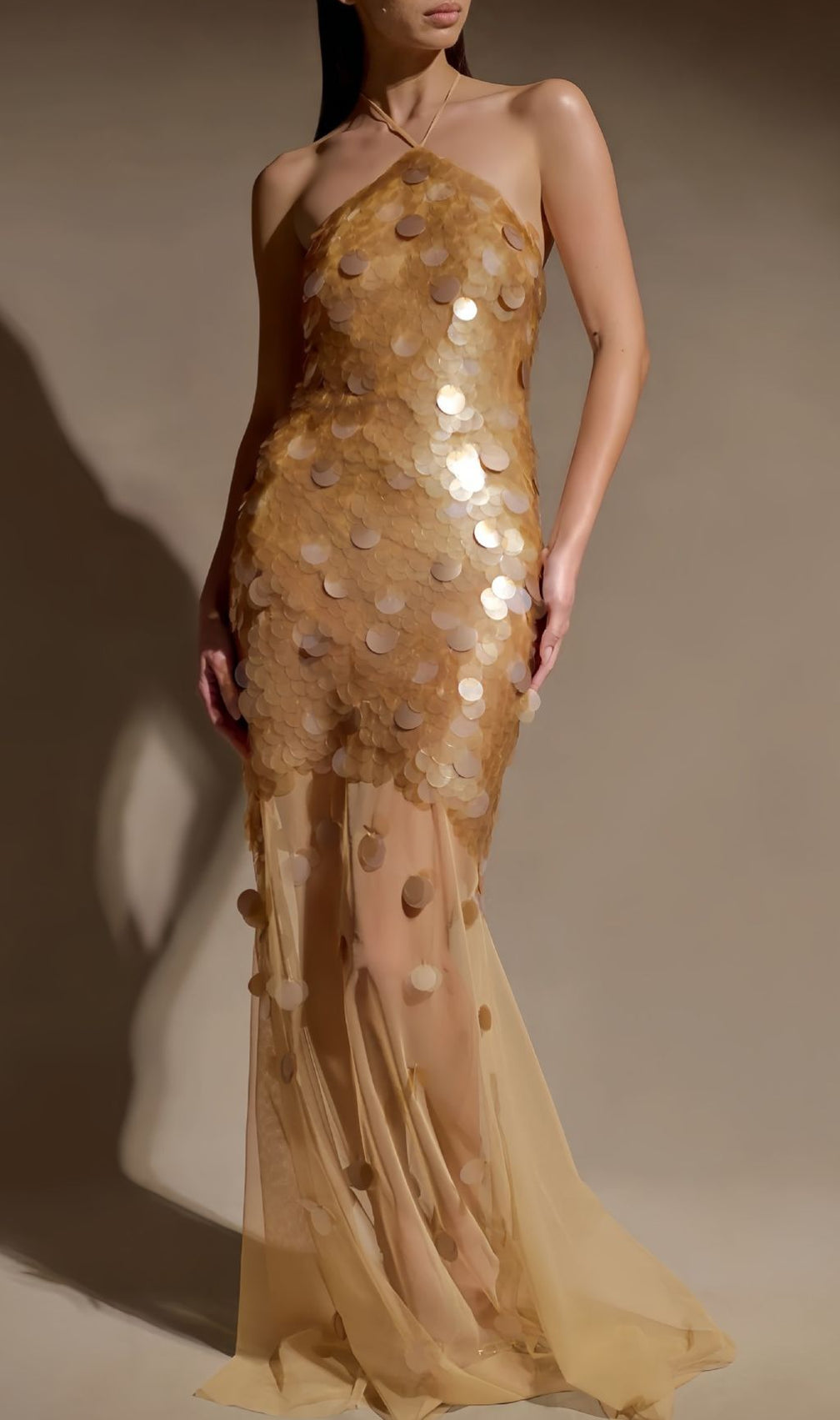 Radiant Gold Sequin Halter Maxi Dress - Sheer Mesh Gown for Glamorous Evenings