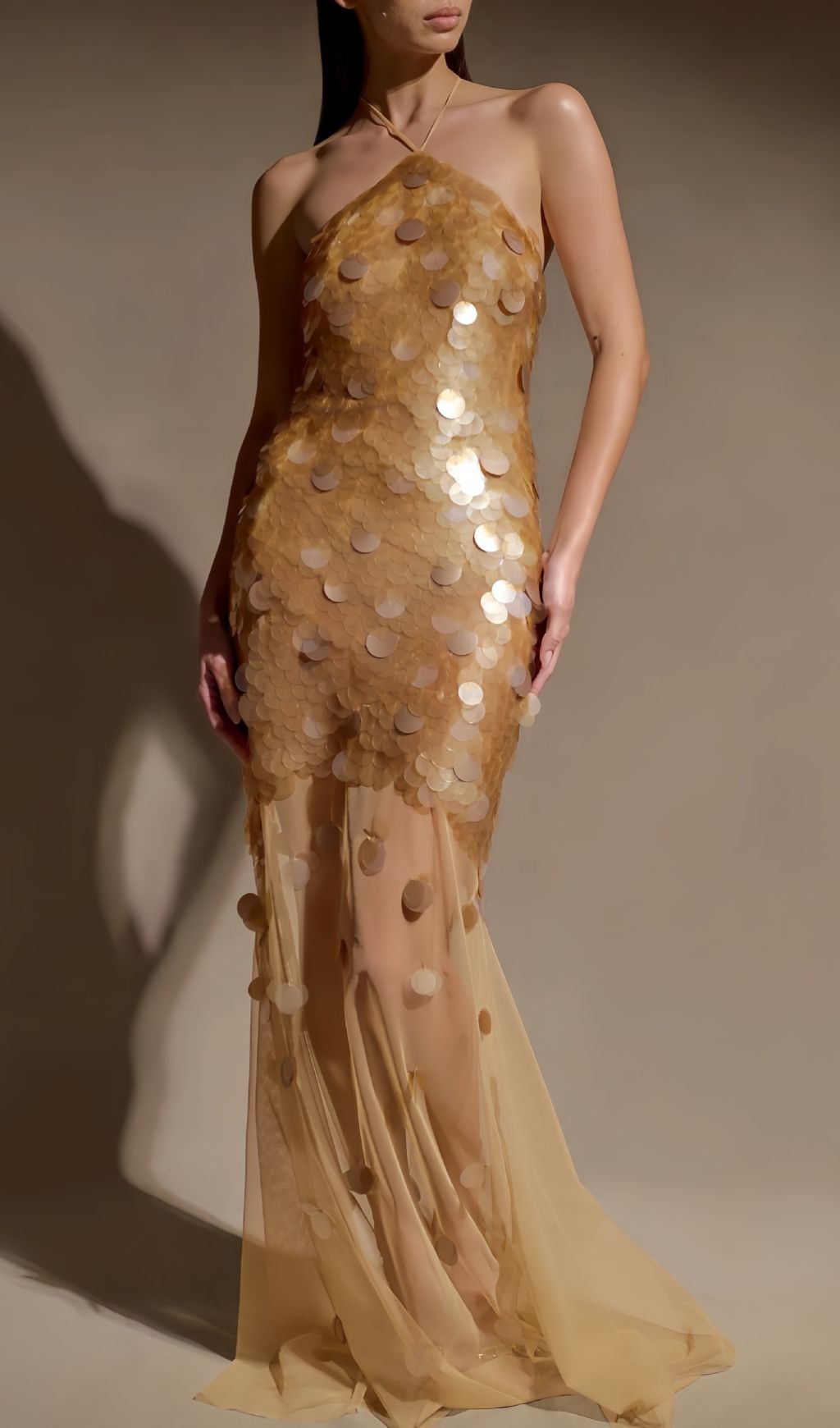 Radiant Gold Sequin Halter Maxi Dress - Sheer Mesh Gown for Glamorous Evenings