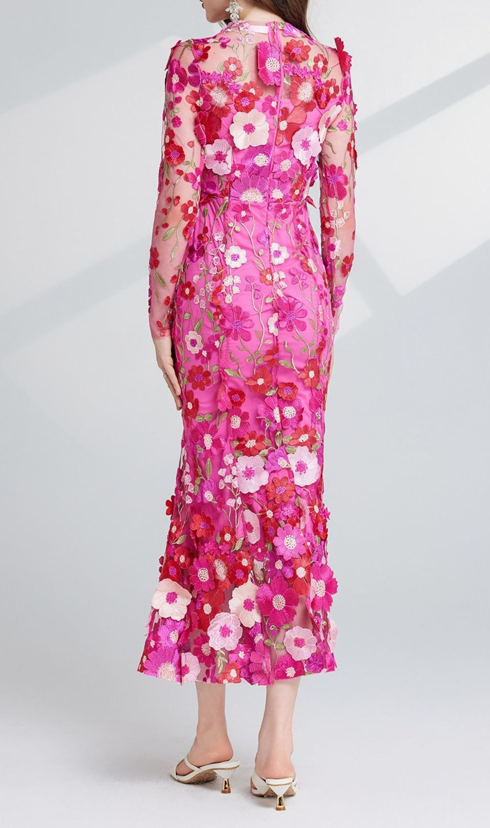 Carol Rose Red Floral Embroidery Mesh Fishtail Long Sleeve Midi Dress