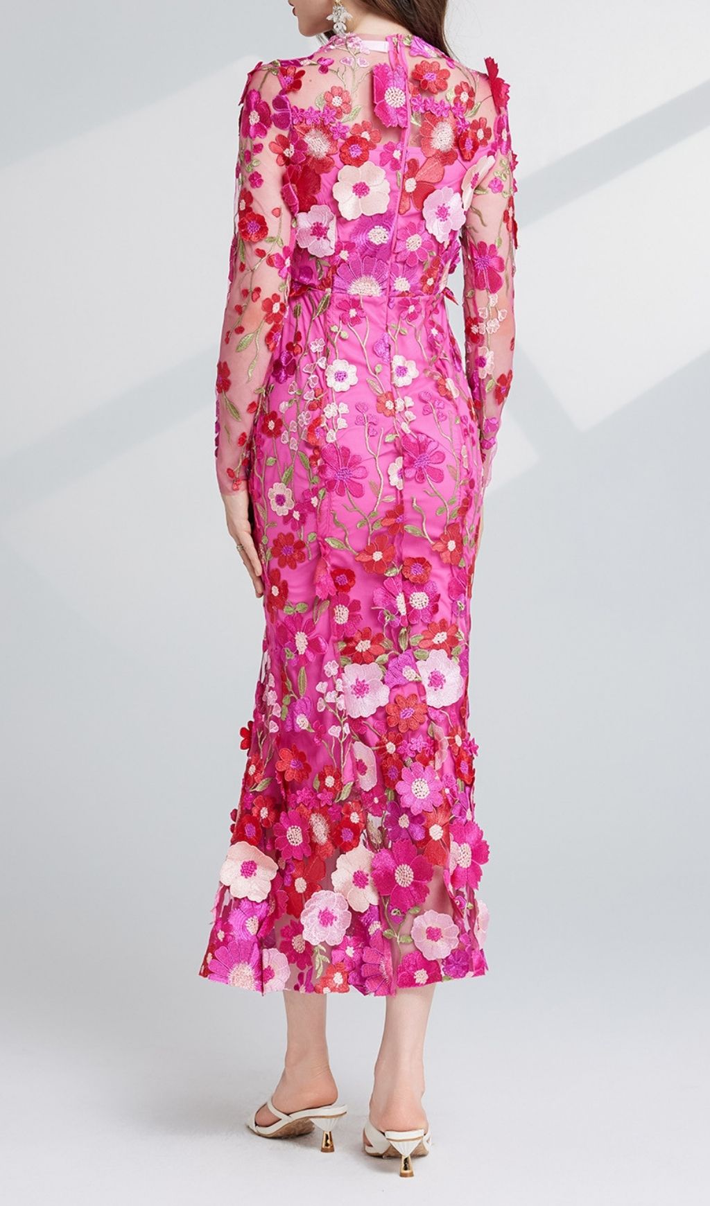 Carol Rose Red Floral Embroidery Mesh Fishtail Long Sleeve Midi Dress
