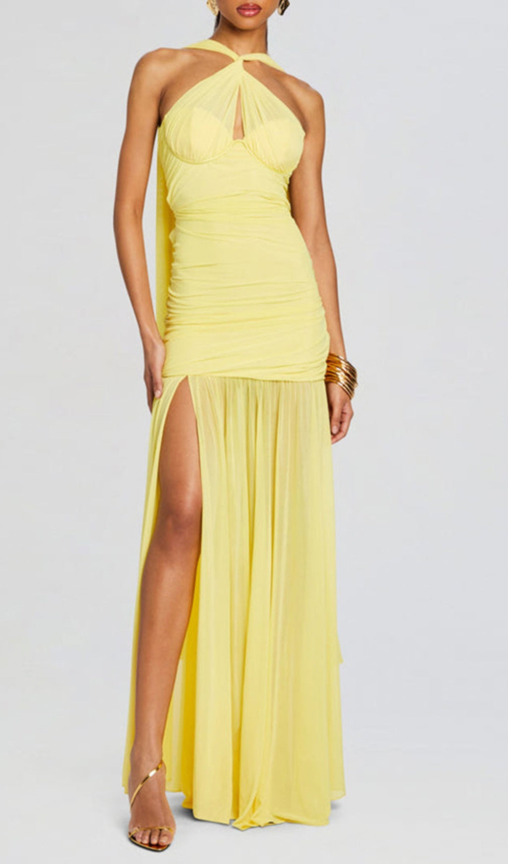 Bryony Yellow Halter Ruched Maxi Dress