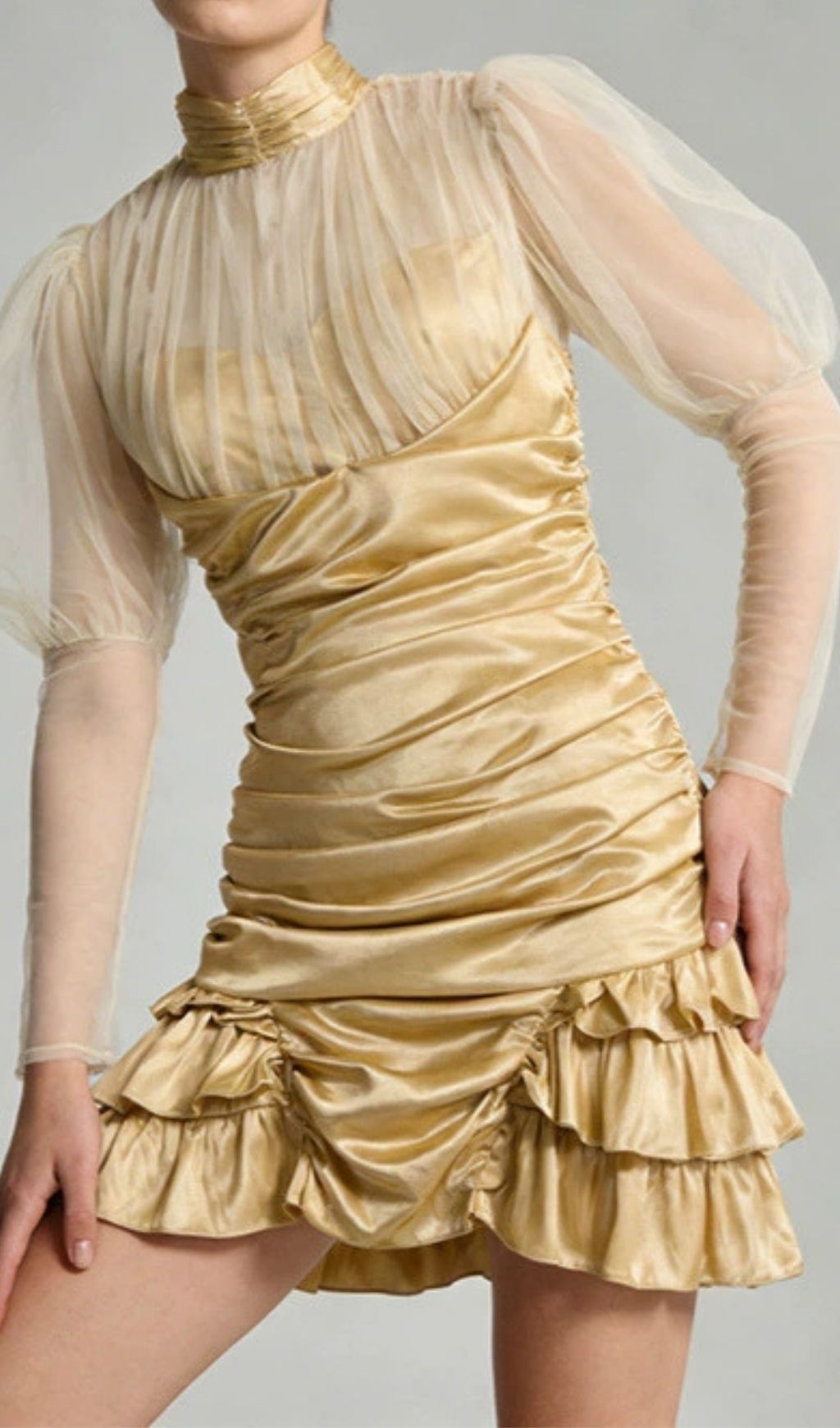 Kerith Glamorous Gold Ruched Mini Dress with Sheer Puff Sleeves