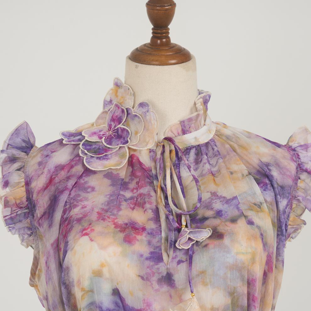 Kamila Artistic Purple Print Flowy Midi Dress
