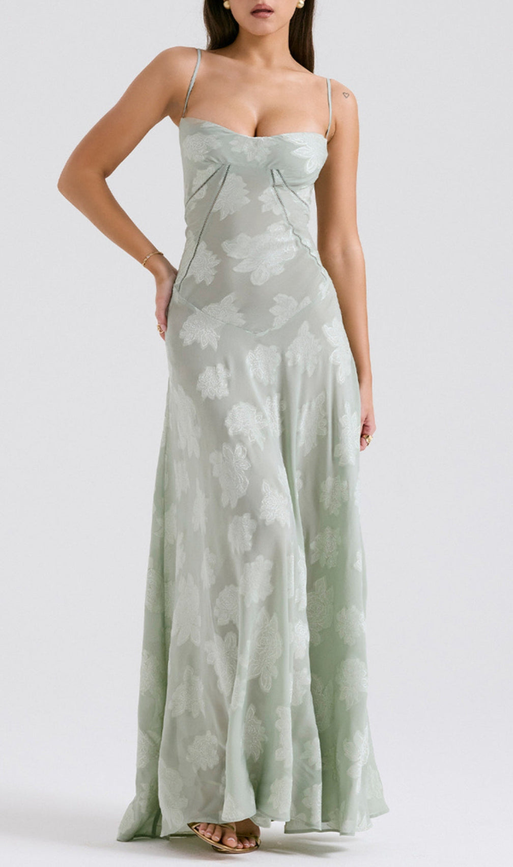 Billie Pistachio Floral Lace Back Maxi Dress