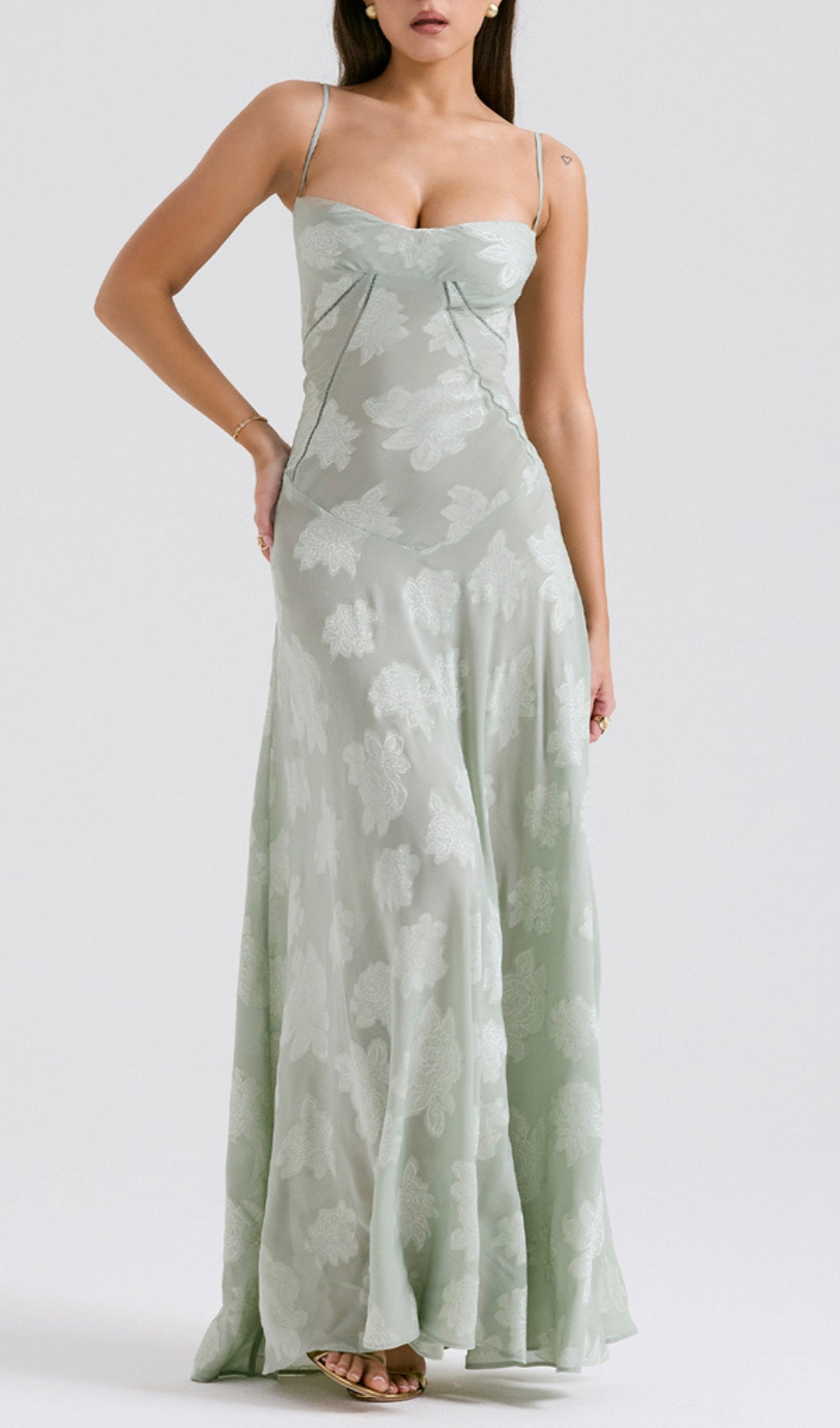 Billie Pistachio Floral Lace Back Maxi Dress