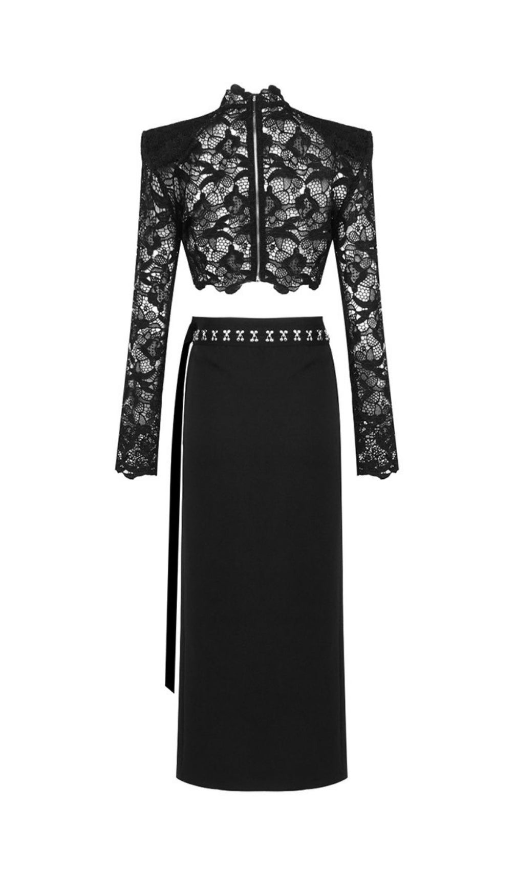 Keeva Black Lace Crop Top & High-Slit Maxi Skirt Set - Daring Elegance