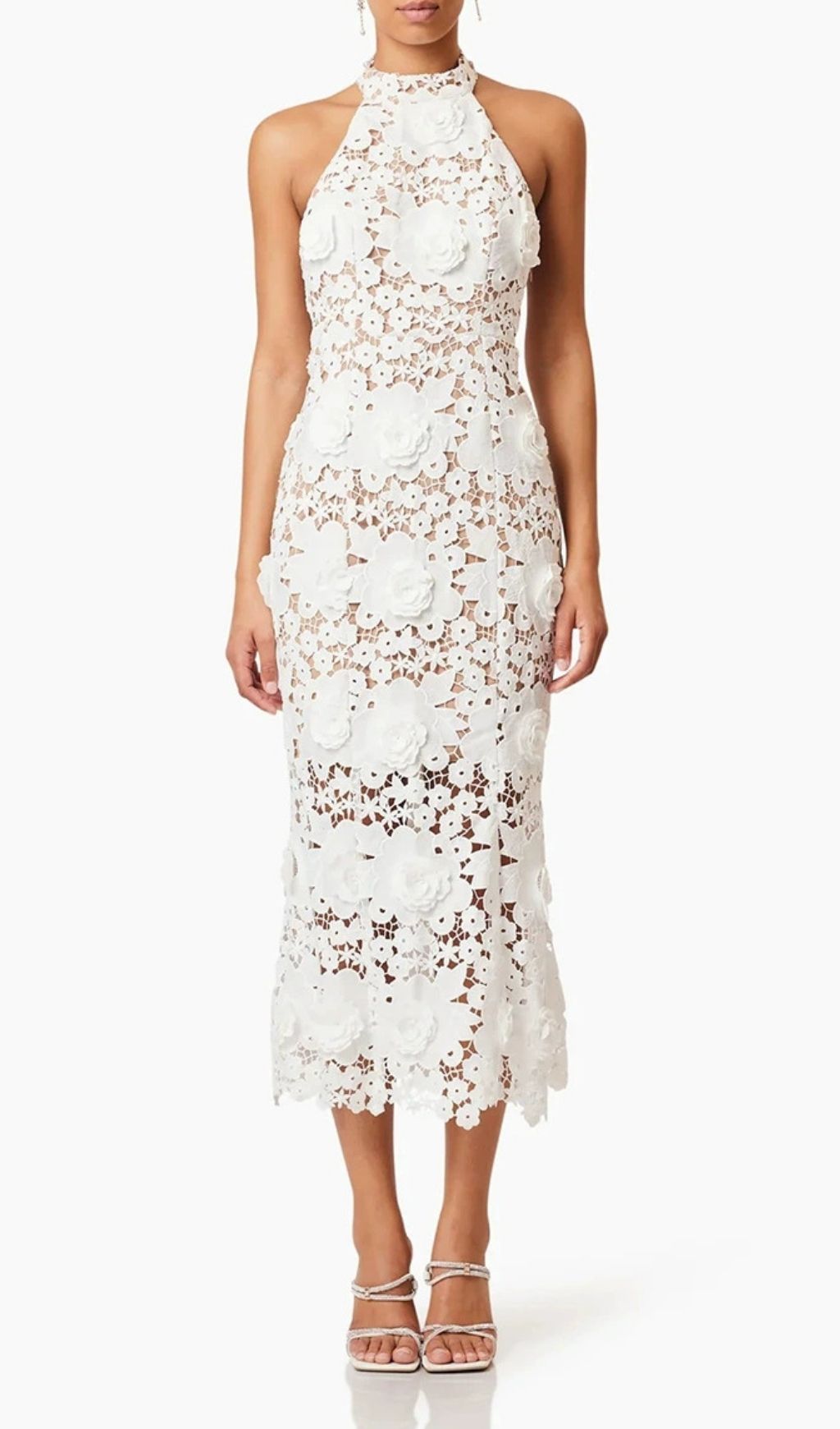 Etsu White Halter Flower Embroidery Midi Dress