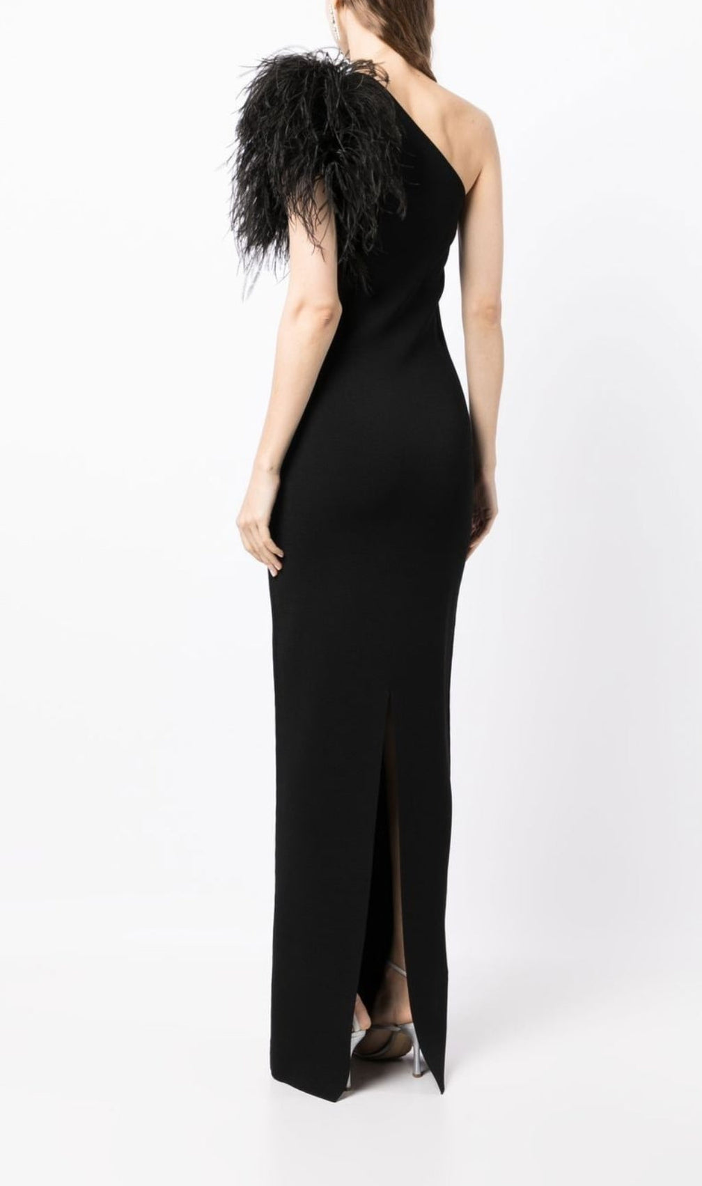 Black One-Shoulder Feather Maxi Dress