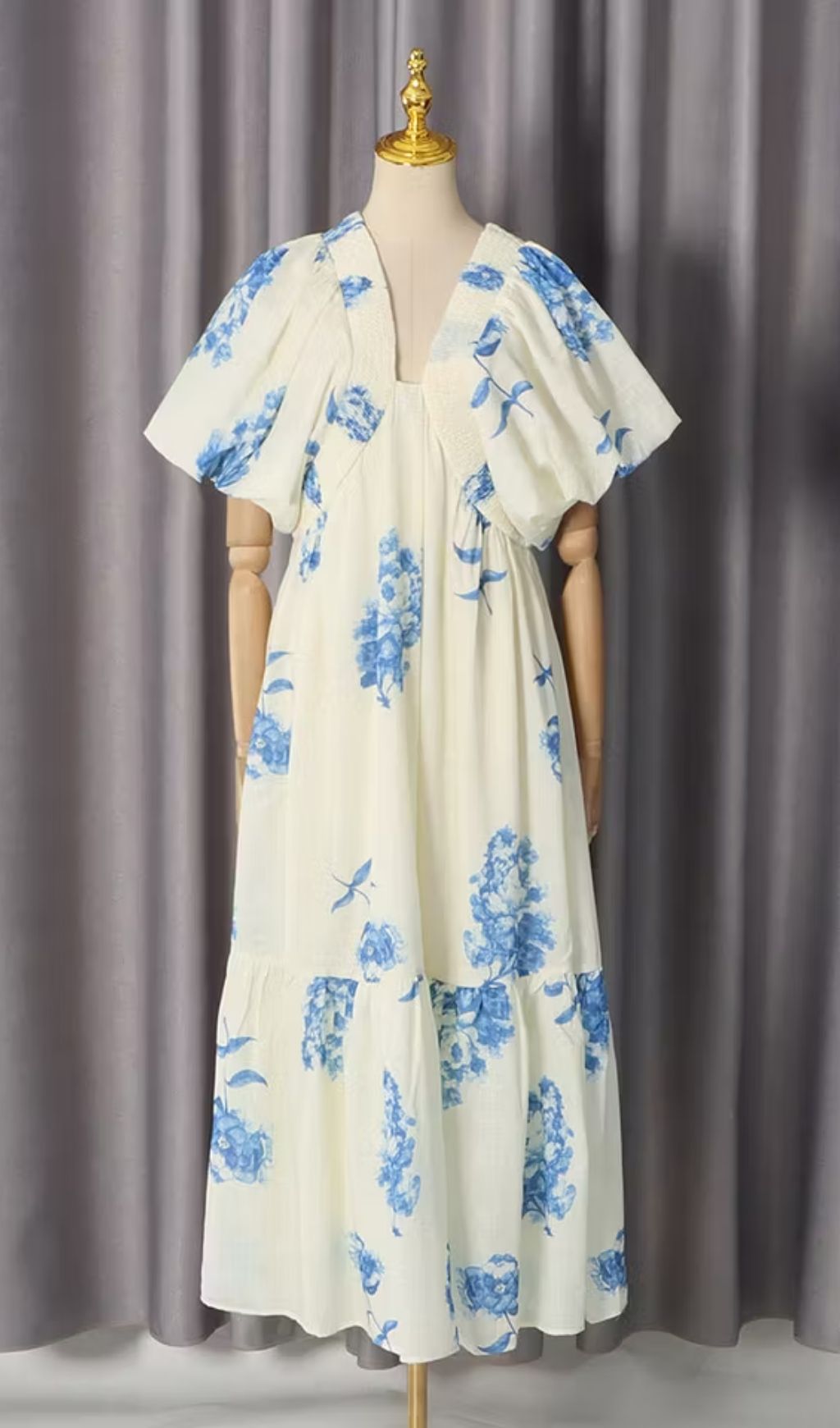 Susie Print Smocking Puff Sleeve Midi Dress - Blue