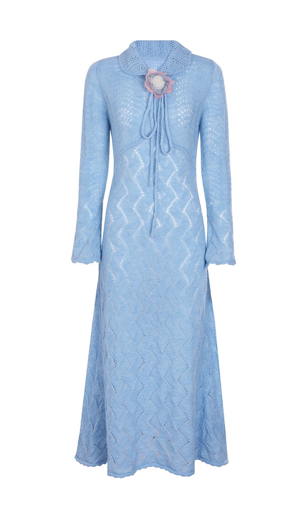 Jorge Sky Blue Floral Knit Midi Dress - Long Sleeve & Charming Tie-Front