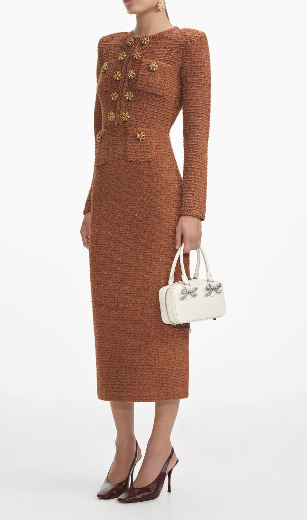 Brown Textured Knit Midi Dress