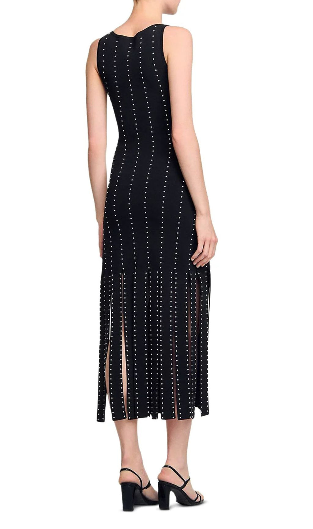 Glamorous Black Studded Fringe Bodycon Midi Dress | Sleeveless & Chic