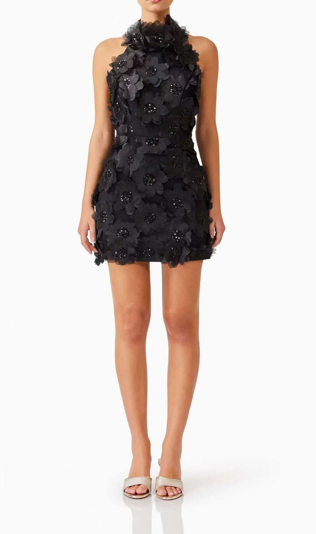 Pavryn Black Sequin Flower Halter Mini Dress | Dazzling Party & Cocktail Attire