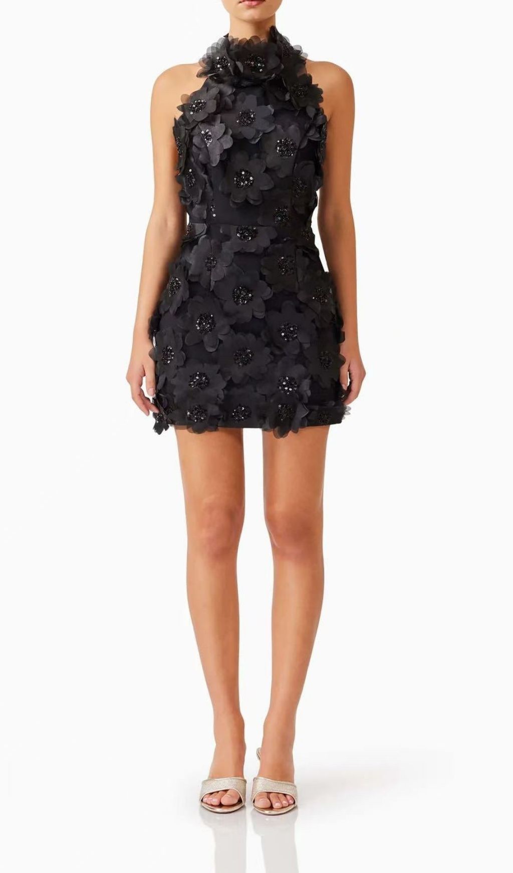 Pavryn Black Sequin Flower Halter Mini Dress | Dazzling Party & Cocktail Attire