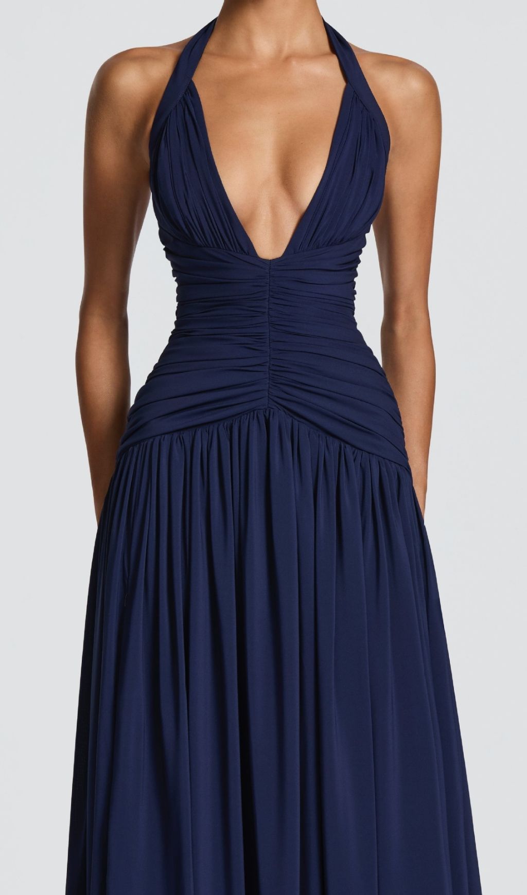 Kelley Navy Halter Ruched Maxi Dress with High Slit | Elegant Formal Gown