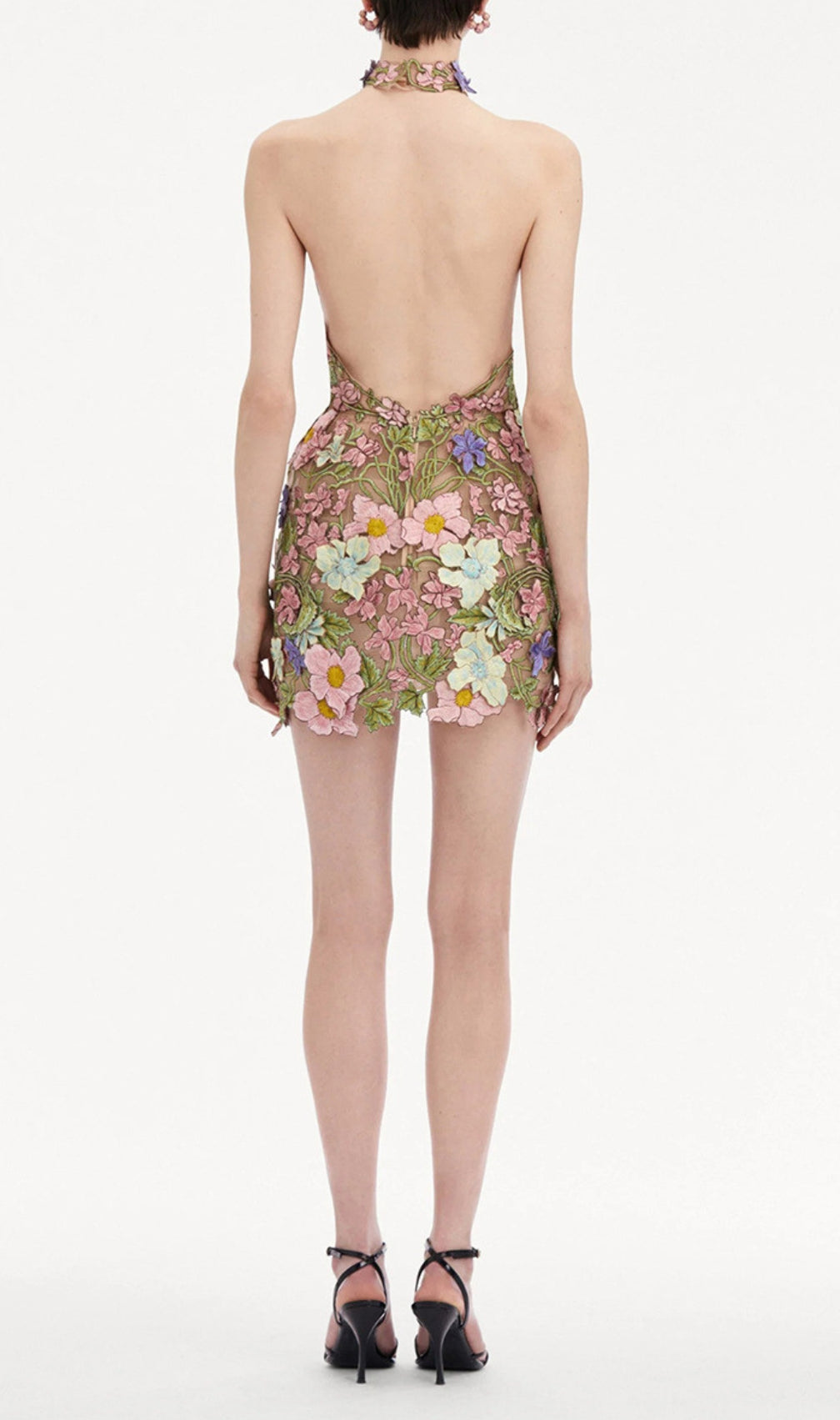 Dotty Halter Flower Embroidery Backless Mini Dress
