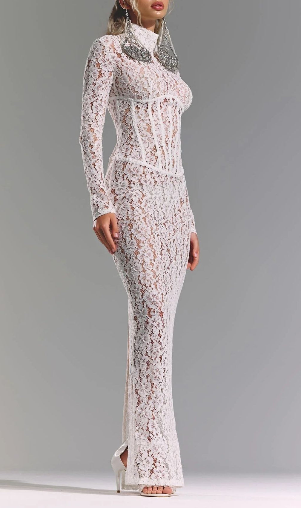 Isolde White Floral Lace Corset Maxi Dress - Ethereal Elegance for Weddings & Galas
