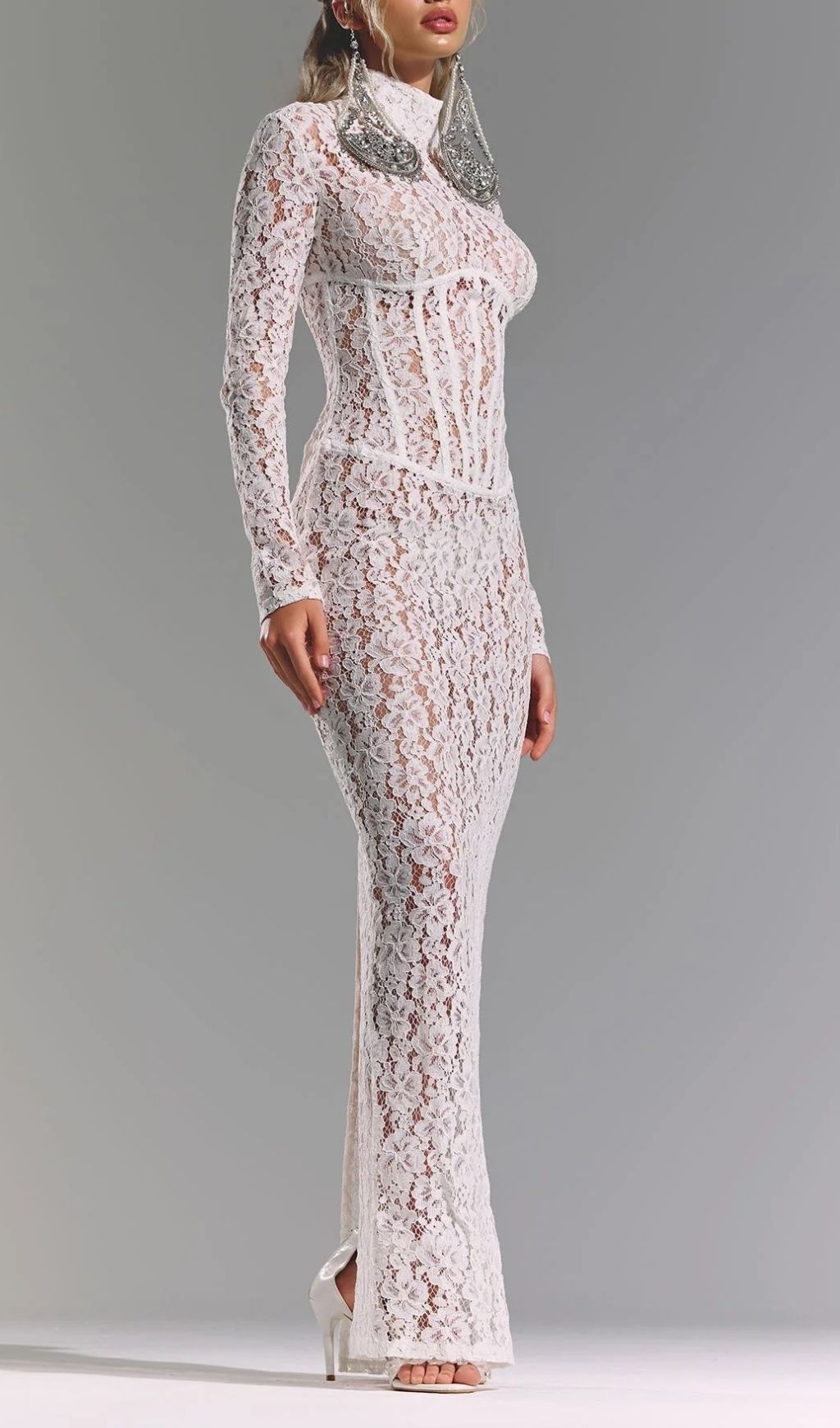 Isolde White Floral Lace Corset Maxi Dress - Ethereal Elegance for Weddings & Galas