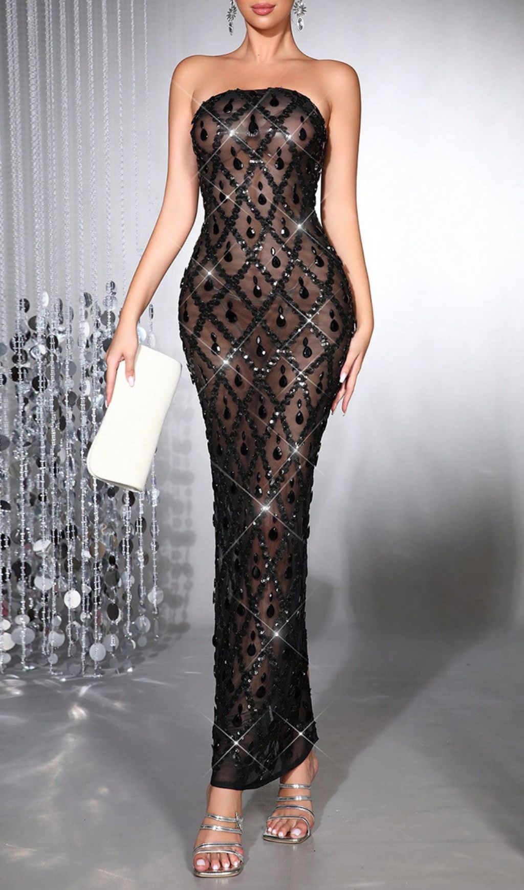 Halleli Dazzling Black Strapless Diamante Maxi Gown - Evening & Formal